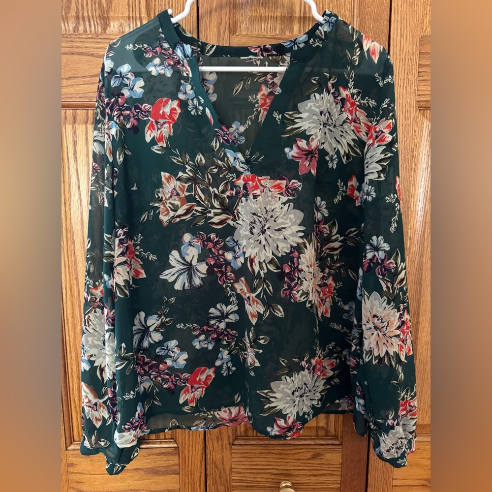 Floral V-Neck Sheer Blouse - Green, Red, White